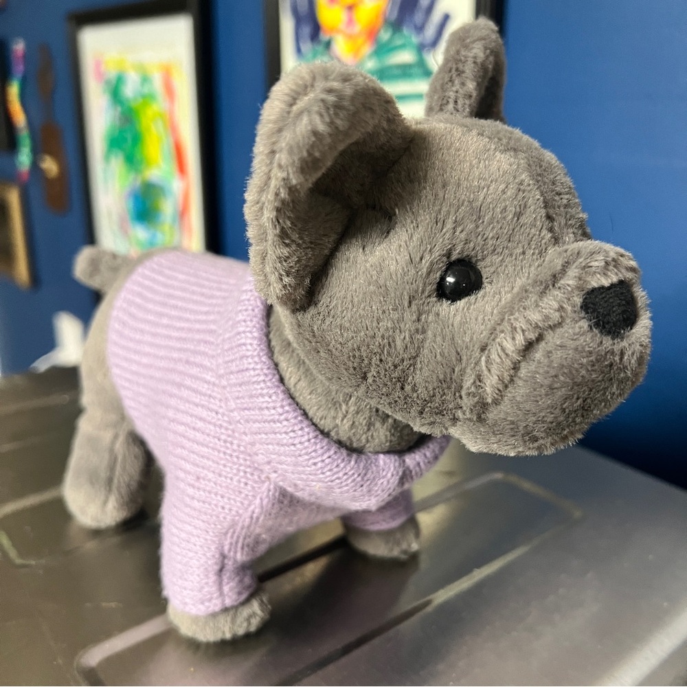 Jellycat Gray Plush French Bulldog with purple Sweater retired cute stuffed toy